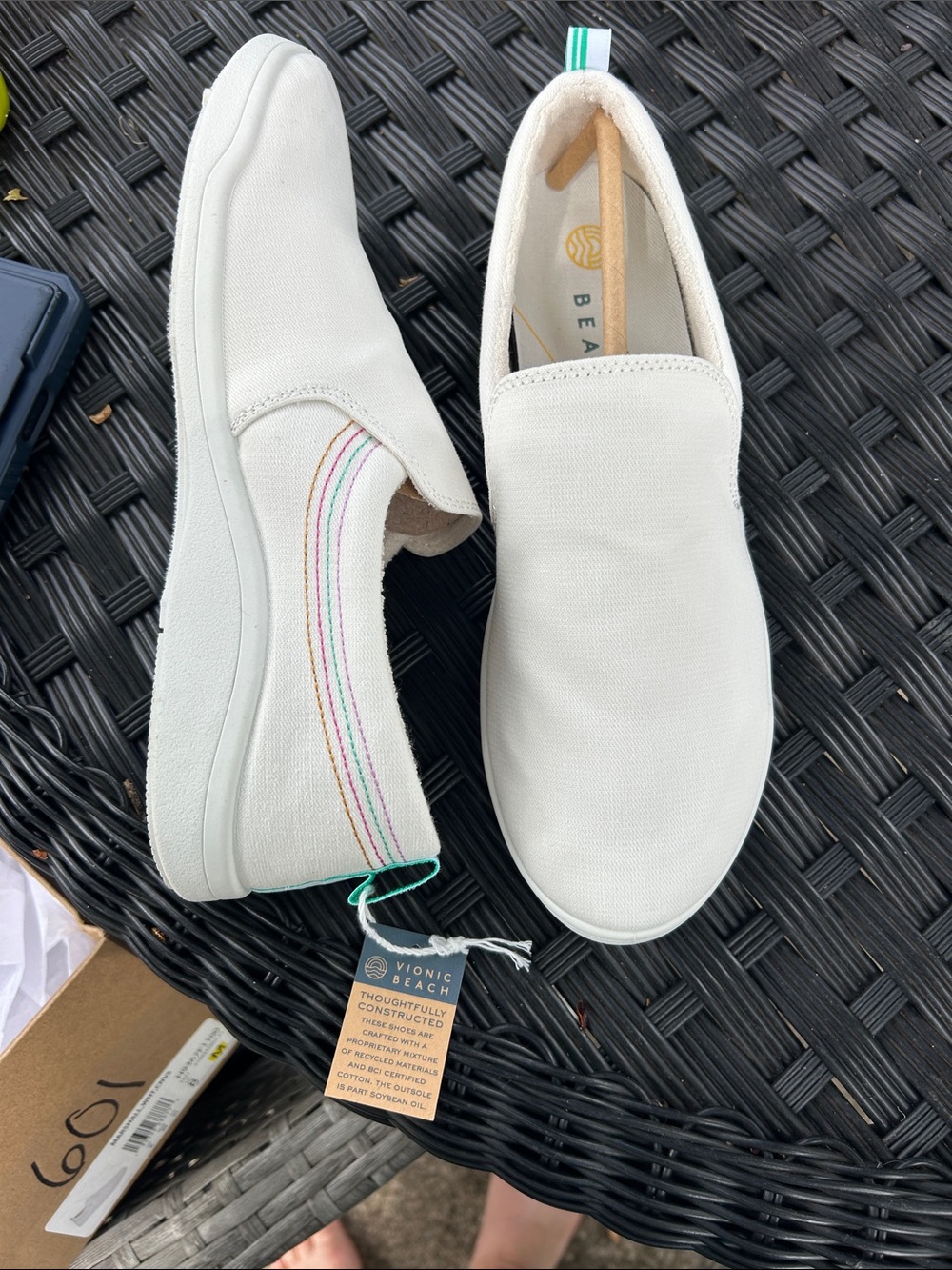 Vionic Cream Slip-On Sneakers with Mint & Pastel Stripe Trim